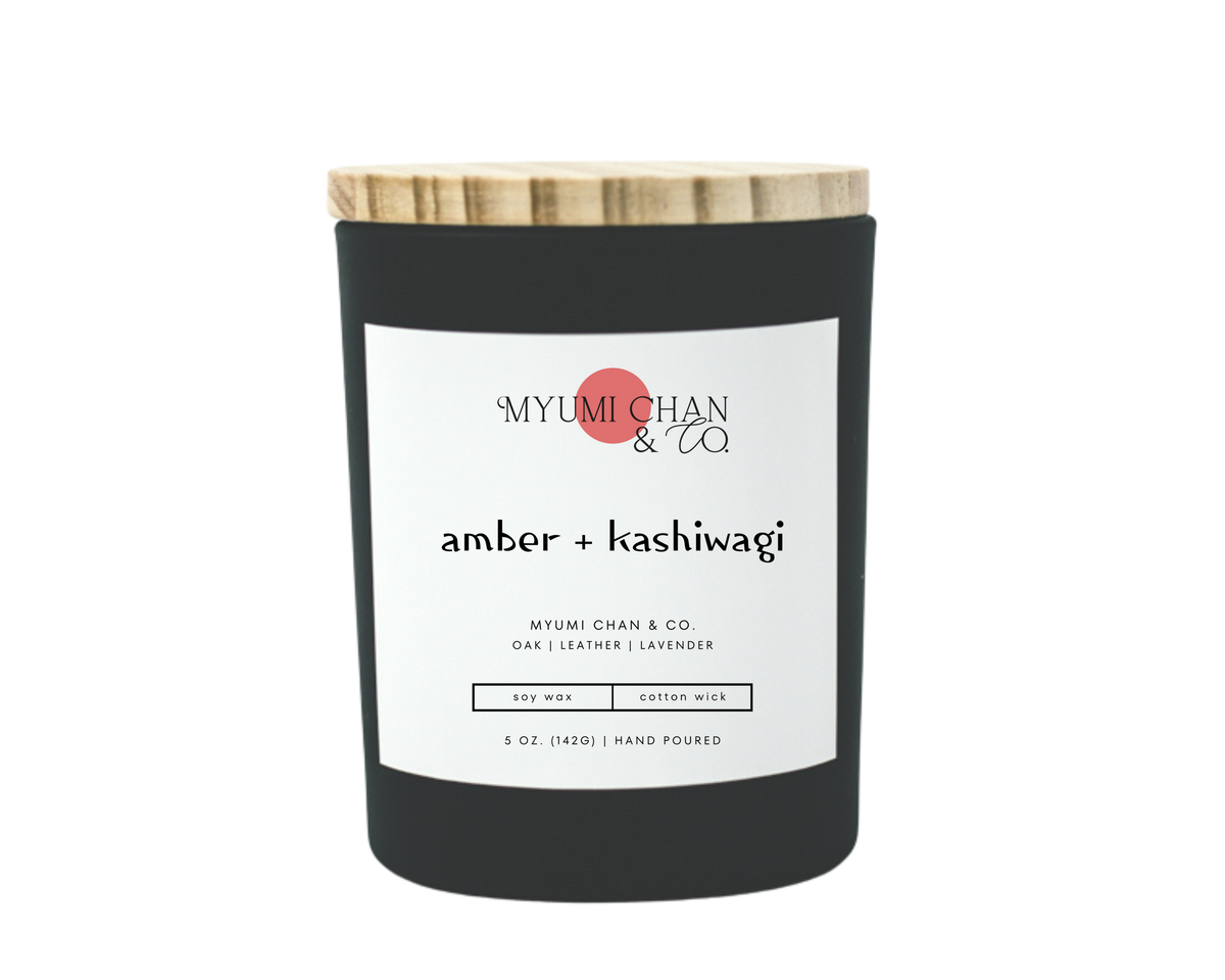 Amber + Kashiwagi soy candle with oak, leather and lavender notes