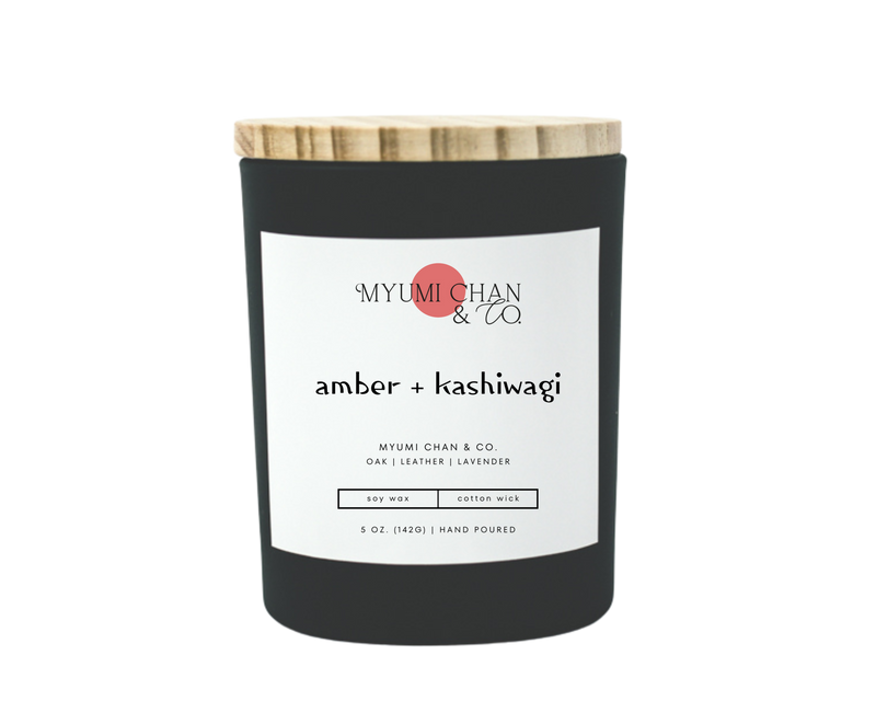 Amber + Kashiwagi soy candle with oak, leather and lavender notes