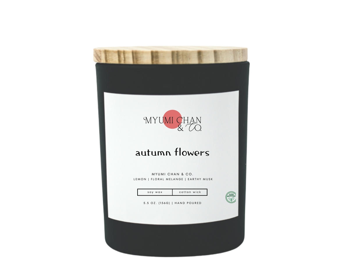Autumn Flowers soy candle with green stem, lemon and cedar leaf notes