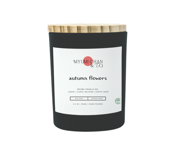 Autumn Flowers soy candle with green stem, lemon and cedar leaf notes